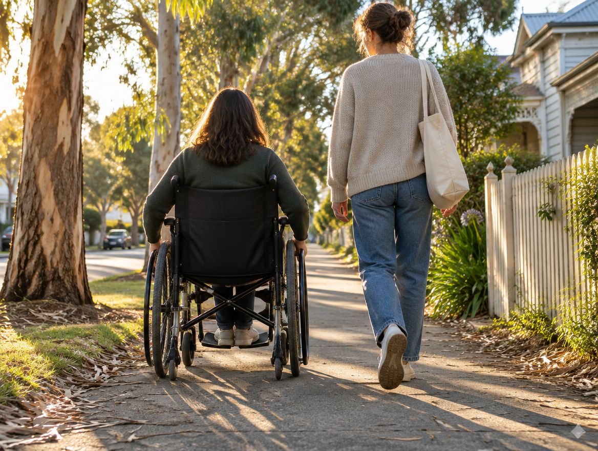A person in a wheelchair and a companion head along a tree-lined footpath.