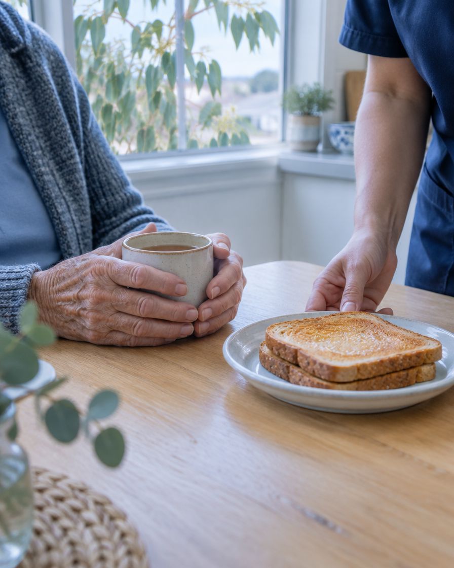 A support worker sets down breakfast beside an older person holding a cup of tea.