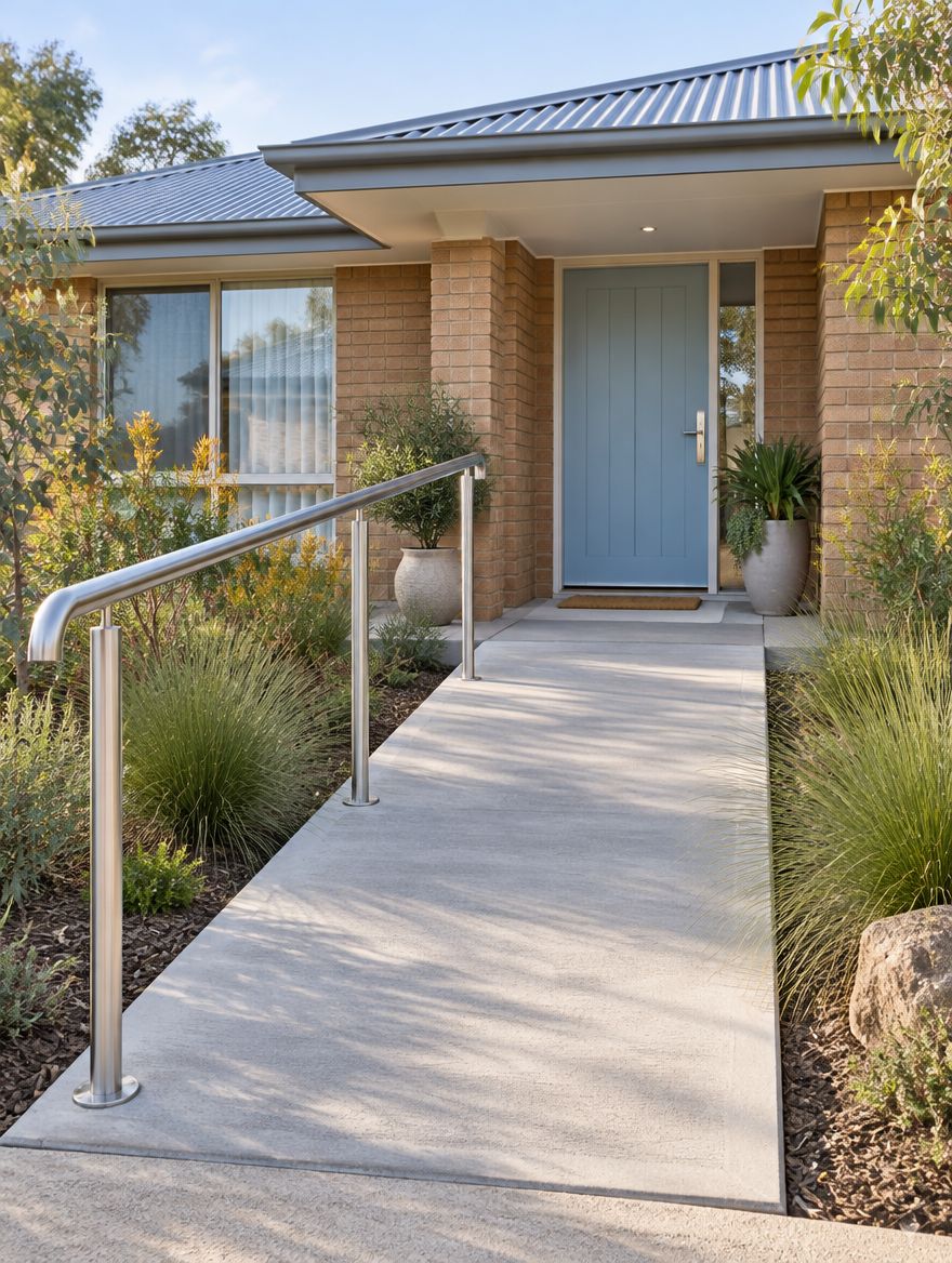 A gently sloping ramp with a handrail leads to the front door of a brick home.